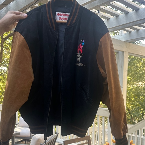 Vintage- Atlanta Olympic Games 1996 Suede Jacket -Black and Tan Bomber Jacket - Picture 14 of 16